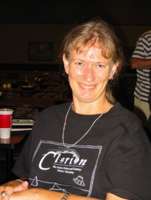 Genevieve at the Clarion Reunion meeting in 2002.