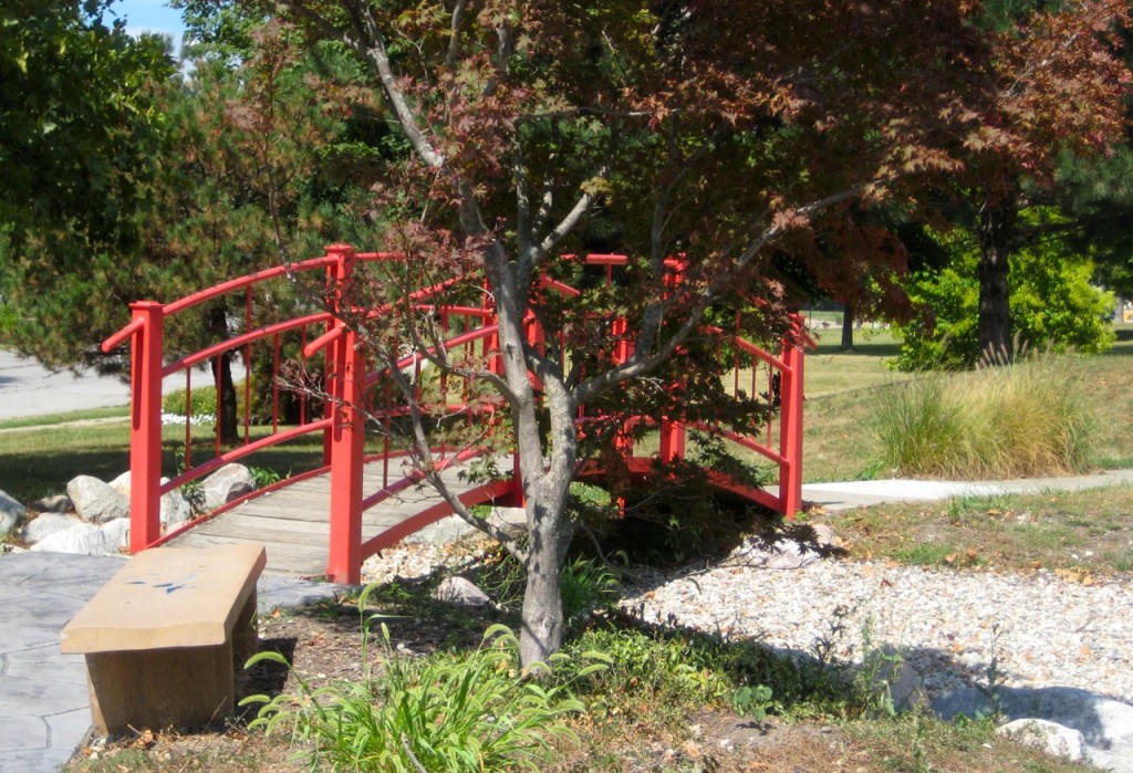 Red bridge in a Japanese Garden
