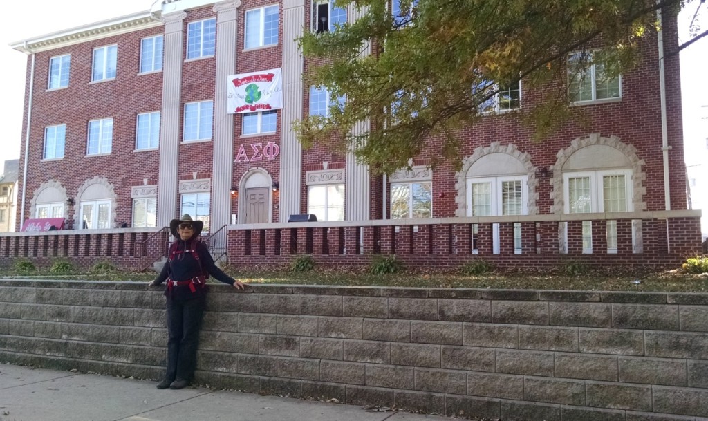 Jackie in front of the Alpha Sig frat house (Chuck's fraternity). 