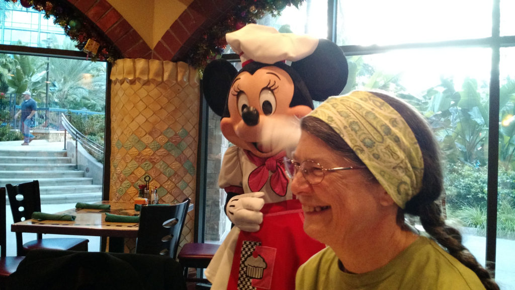 Jackie in Goofy's Kitchen, with Minnie. 