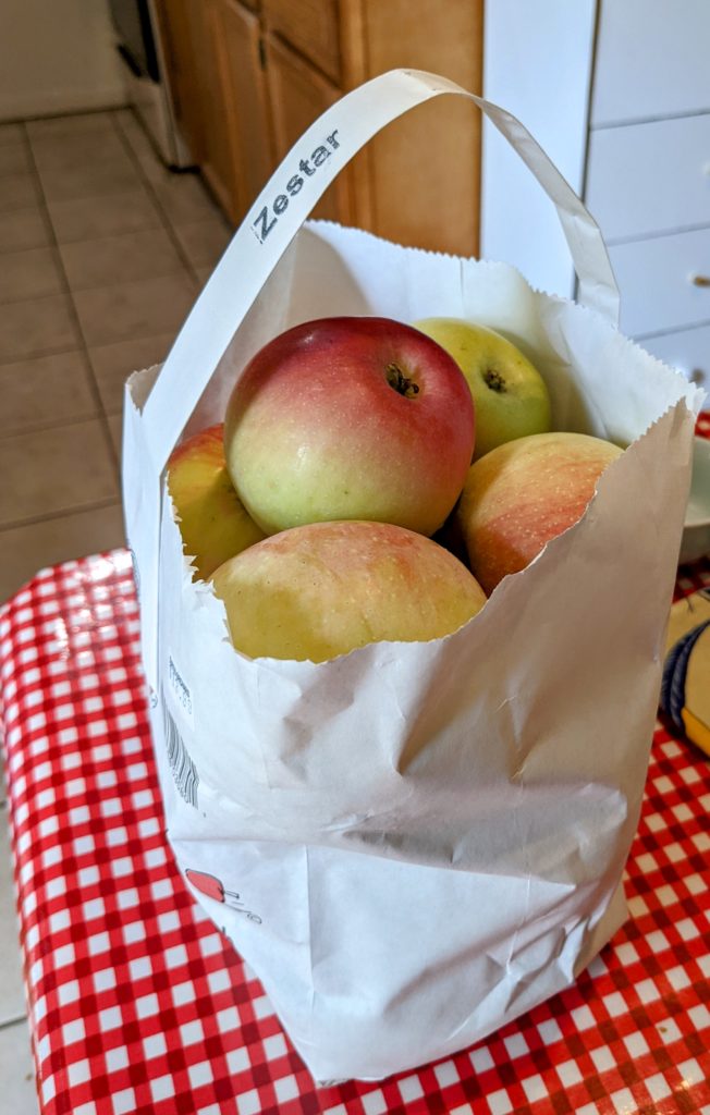 Photo of a half peck paper bag of apples.