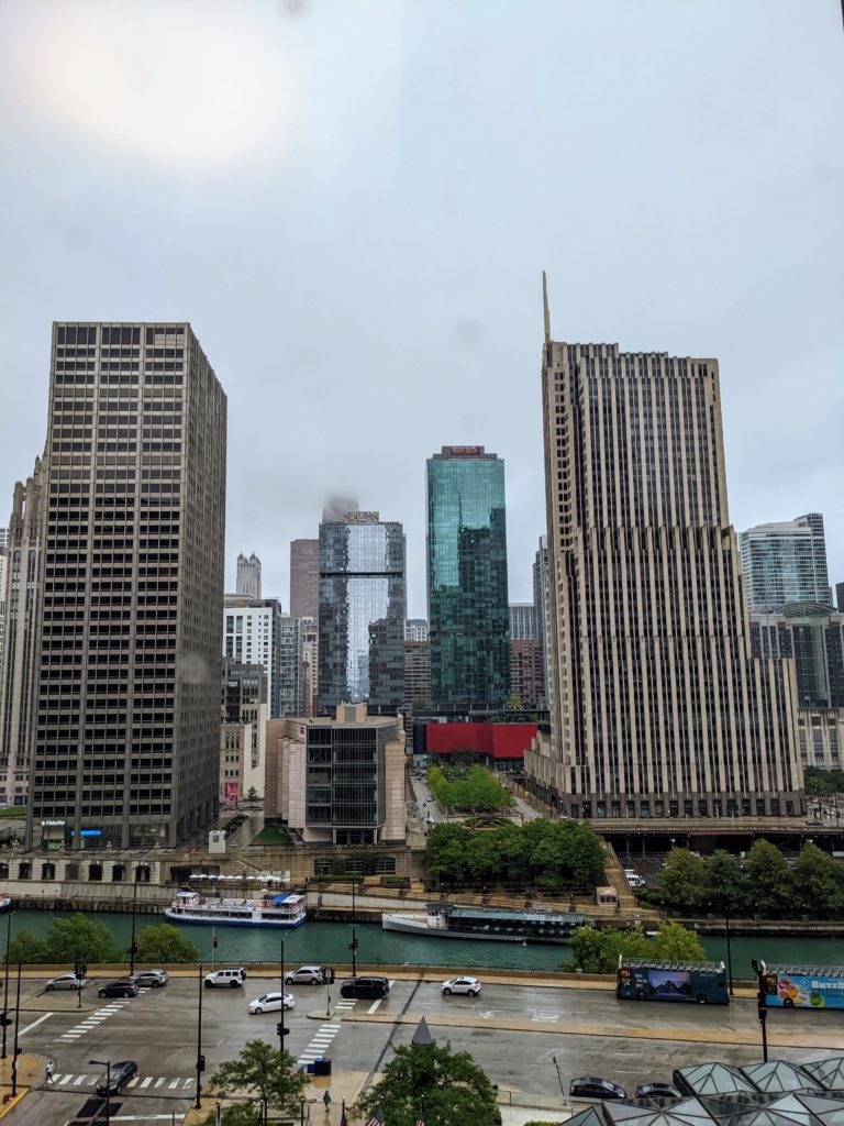 View from window of Hyatt Regency in Chicago, looking across the river at other tall buildings