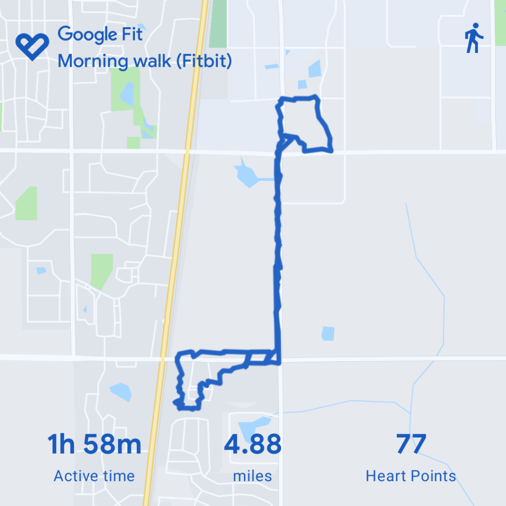 Map from Google Fit showing the route of this morning's walk. Stats: 1h 58m, 4.88 miles.