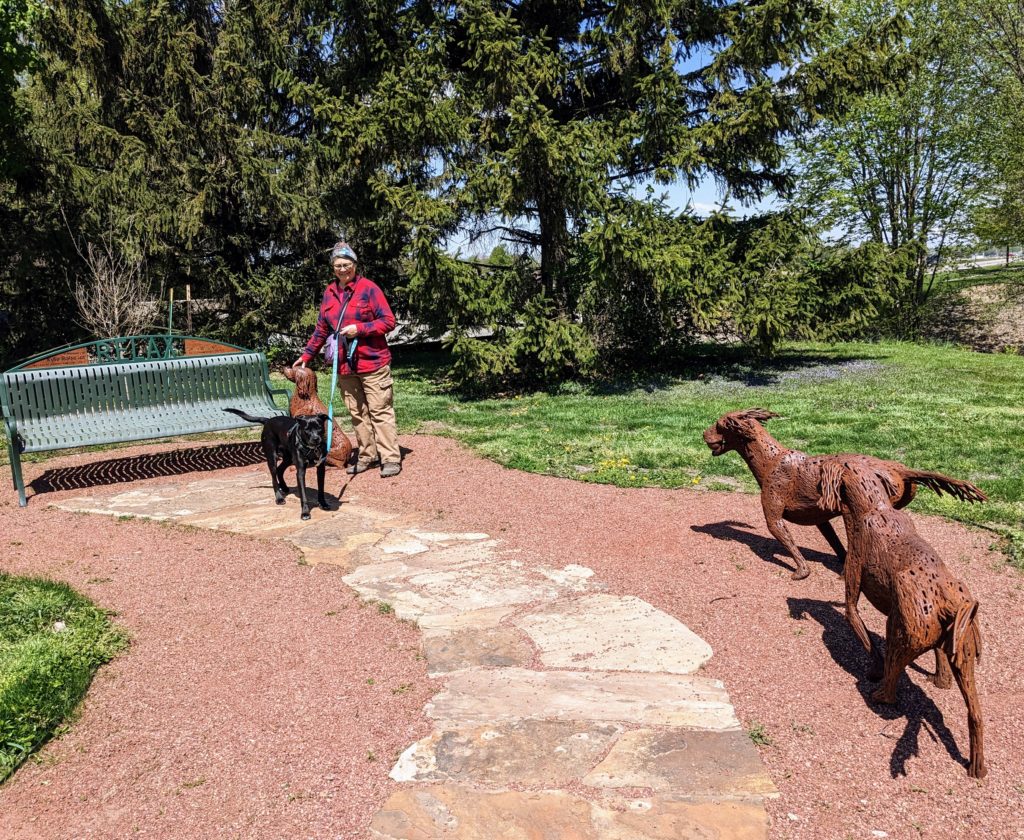 Our dog and Jackie standing next to a park bench amidst three sculptures of dogs, one looking at whoever is sitting in the bench and two more running that way.