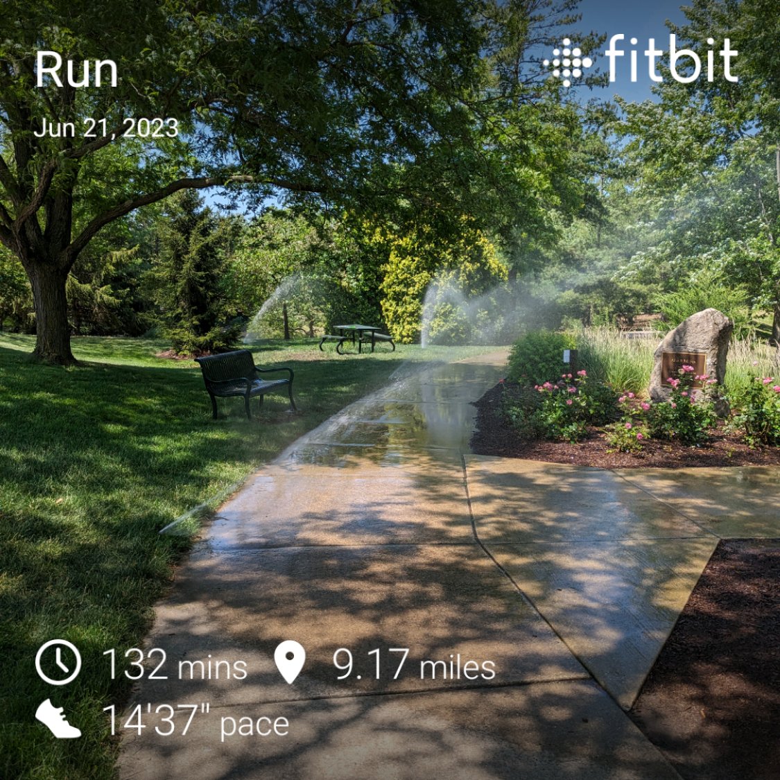 A footpath with multiple sprinklers making the entire right-of-way, from pond to creek, wet