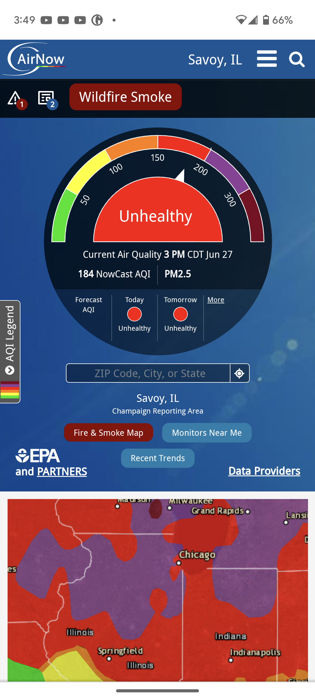 Graphic from website showing air quality as "unhealthy"
