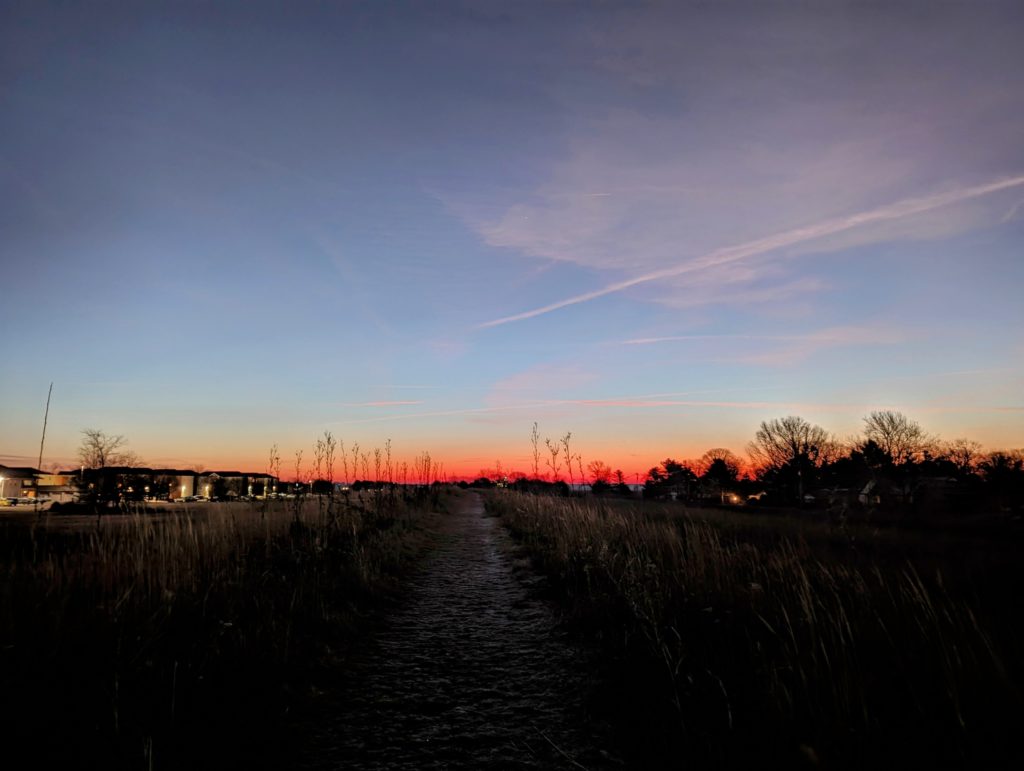 Looking down the path through the prairie toward the dawn sky