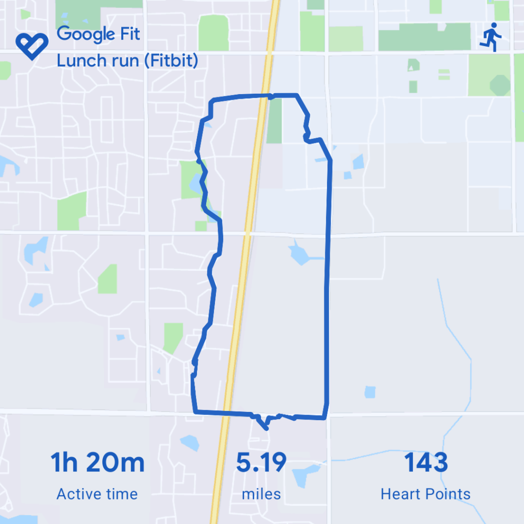 Map of my run, showing the route, adding that it took 1h 20min and that I went 5.19 miles