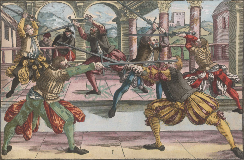 An image from Meyer's 1570 treatise on sword fighting, showing figures with longswords well extended, standing in deep lunges
