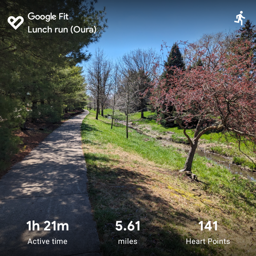 A multi-use path running along a creek/drainage ditch, with the stats of my run: 1h 21min, 5.61 miles.
