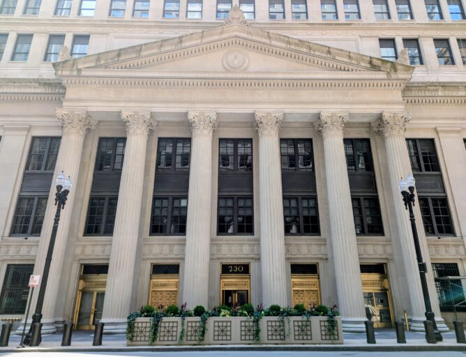 The main entrance of the Federal Reserve Bank of Chicago