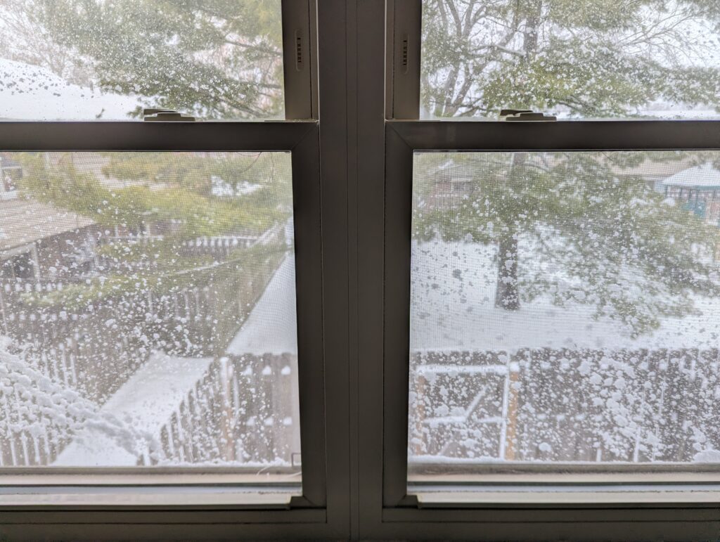 A view of a window with the screens somewhat snowy, and the fence, pine trees, and ground outside snowy as well