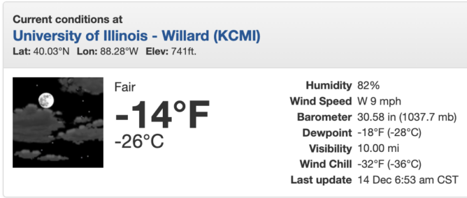 Weather conditions at Willard Airport, with a temperature of -14℉ and a wind chill of -32℉