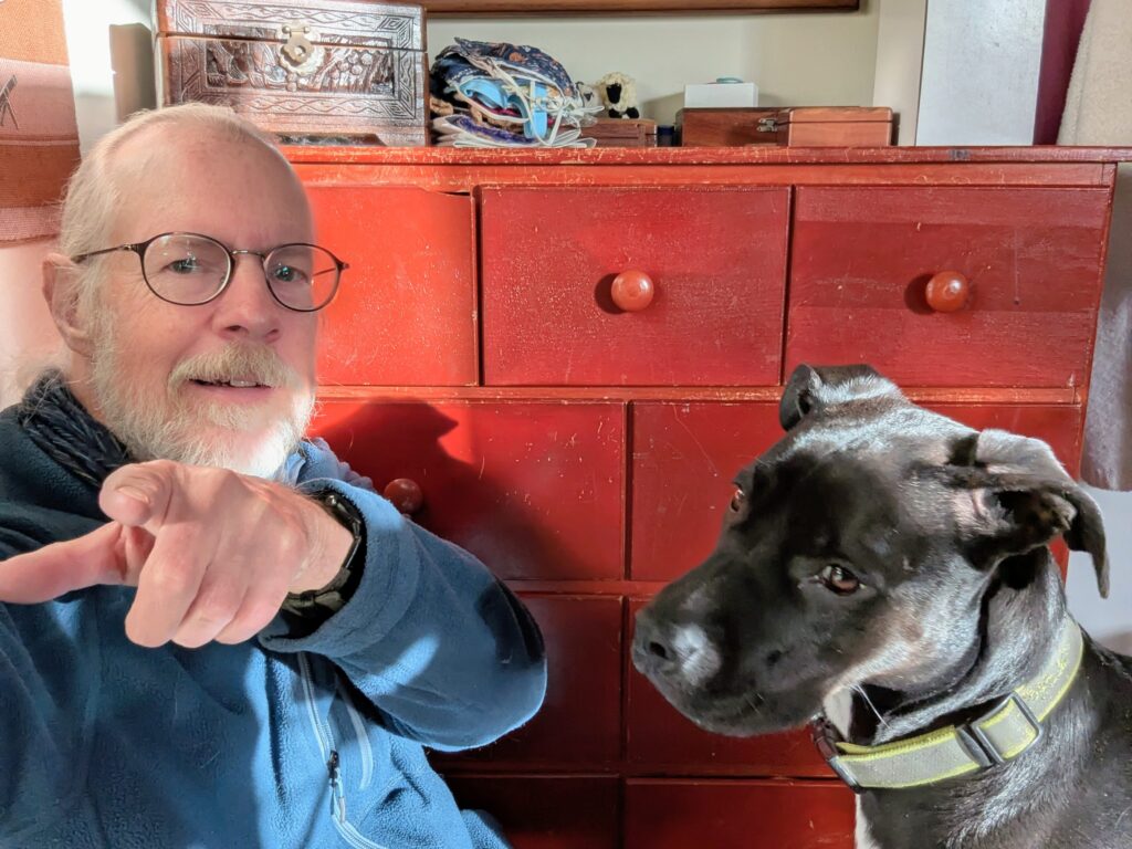 Me pointing at the camera, and Ashley just barely condescending to look at it