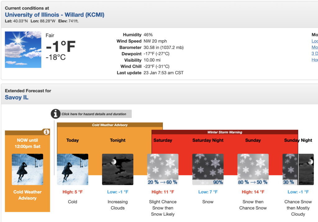 Screen grab of current weather from the National Weather Service, showing a current temp of -1℉ with a day and a half day of Cold Weather Advisory overlapping with a two more days of Winter Storm Warning