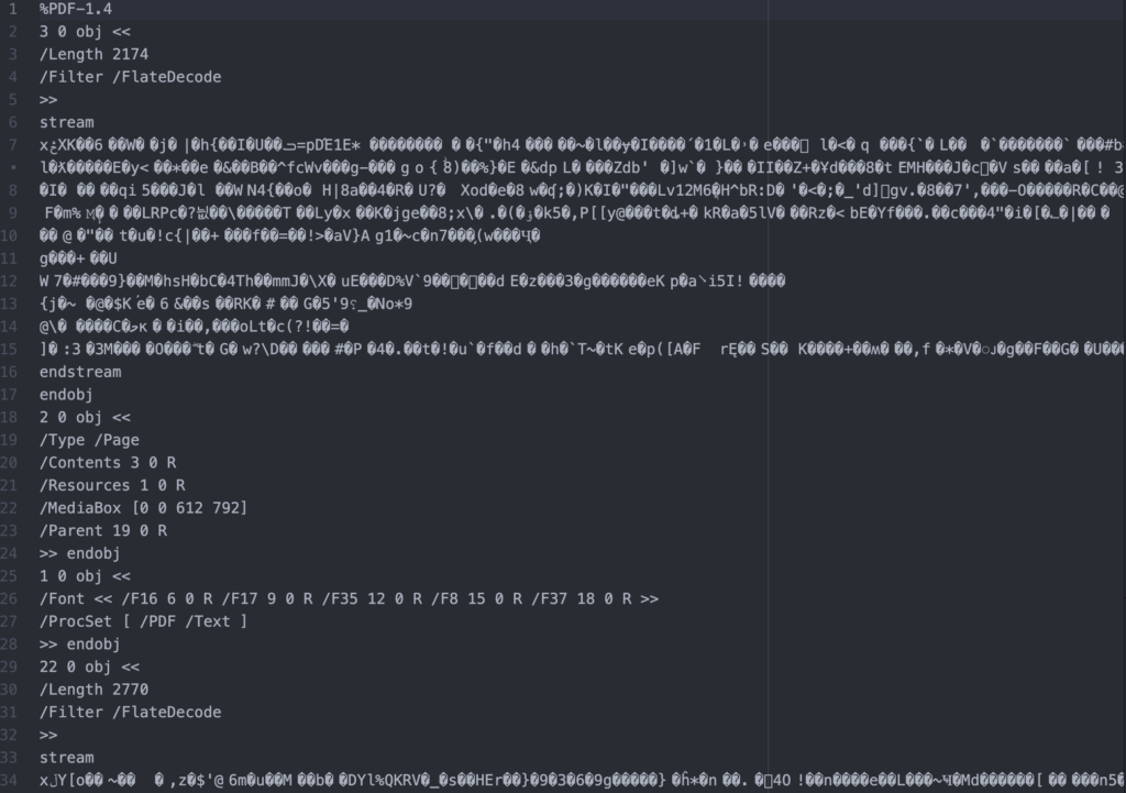 Block of unreadable text at the beginning of a PDF file produced by TeX