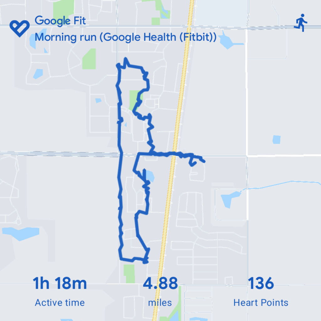 Map of today's run, with stats: 4.88 miles in 1h 8mins
