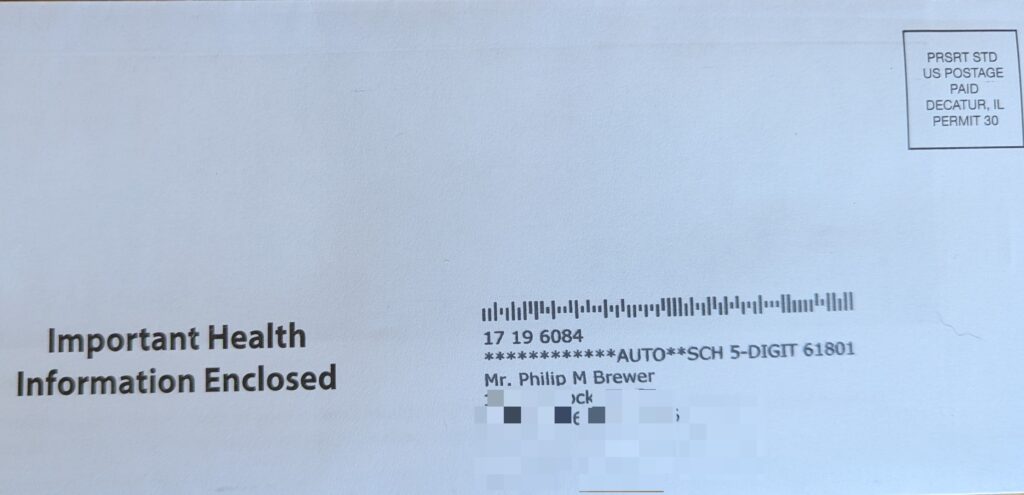Envelope with "Important Health Information Enclosed" sent "PRSRT STD," which used to be called Bulk Rate.